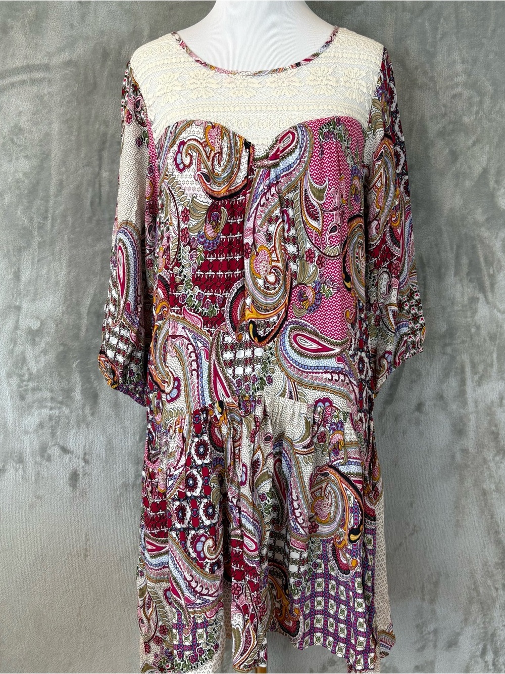 Umgee Pink Paisley Floral Tunic Dress Crochet Lace Yoke Boho Festival Medium